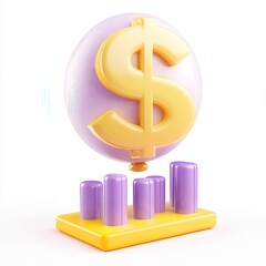 Fototapete - A colorful 3D dollar sign balloon floating above a bar graph in pastel colors.