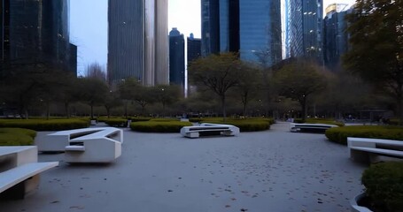 Aufkleber - Urban Park At Twilight With Trees And Benches Amongst Skyscrapers Autumn Leaves And Calm Atmosphere