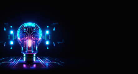 Aufkleber - A luminous light bulb emits a vibrant blue and pink glow, resembling digital circuitry against a stark black backdrop, suggesting futuristic technology and innovative ideas.