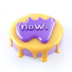 Fototapete - A colorful 3D rendering of a dessert with the word 'now' embossed on it, featuring vibrant yellow and purple colors.