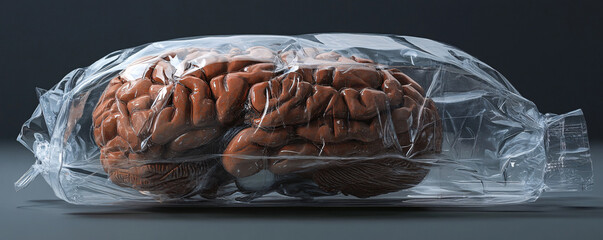 Poster - Plastic-wrapped human brain symbolizing artificial intelligence, mind manipulation, and dystopian possibilities