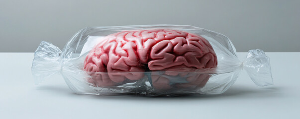 Poster - Human brain is wrapped in plastic on a white surface, evoking concepts of artificial intelligence and mental health