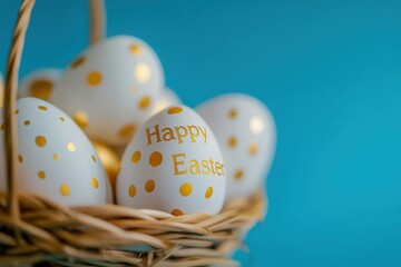 Poster - White Easter eggs with golden dots in a basket on a blue background, close-up view. 