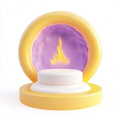 Poster - A colorful 3D render of a round display with a glowing purple flame inside a yellow circular frame.