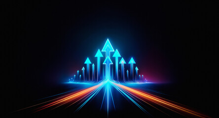 Aufkleber - Illuminated blue arrows point upward against a dark backdrop, with orange lines converging towards the viewer, suggesting progress and direction.
