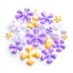 Poster - A collection of colorful, glossy shapes in various sizes, resembling flower petals or snowflakes, arranged artistically on a white background.