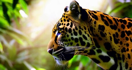 Poster - Jaguar Leopard Resting Among Lush Green Foliage Illuminated by Sunlight
