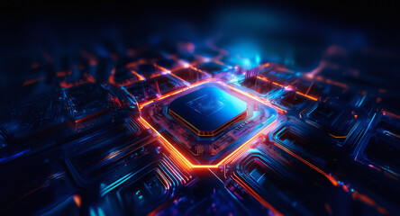 Aufkleber - Futuristic digital chip glows with vibrant orange and blue light, symbolizing technology and innovation.  Electronic pathways illuminate the dark circuit board in a high-tech abstract design.