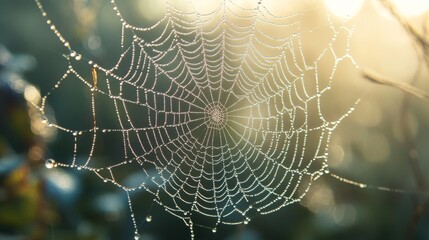 Morning dew on spider web in sunlight