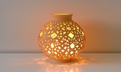 Wall Mural - Decorative ceramic lamp casting warm light, showcasing intricate patterns against a plain wall