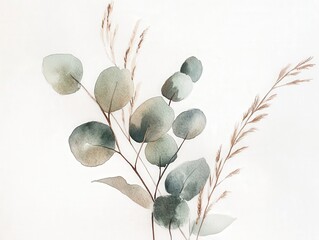 Wall Mural - Hand Painted Watercolor Eucalyptus Leaves on Soft Background