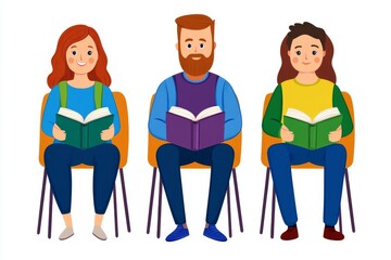 Poster - Collection of people reading or students studying and preparing for examination Set of book lovers, readers, modern literature fans isolated on white background Flat cartoon vector illustration