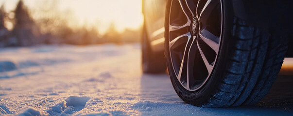Poster - Close-up of a car tire on a snowy road with a beautiful sunset in the background