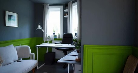 Aufkleber - Modern Office Workspace with Gray and Green Walls and White Desk and Chair and Window