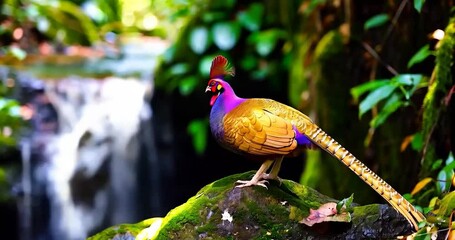 Poster - Colorful Pheasant Perched on Mossy Rock with Waterfall Background in Forest