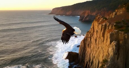 Fototapete - Bald Eagle Soaring in a Late Daylight Over the Ocean Cliffs at Sunset in the Pacific Northwest United States of America