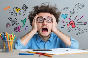 Poster - Composite trend artwork 3D sketch photo collage of fired office manager business young man grimace scared bite nails anxiety confused face