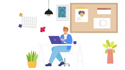 Vector character design scene animation showing a graphic designer at work, sketching, using design software, and creating digital assets for a project.