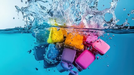 Poster - Colorful Cubes Splashing Into Aqua Water