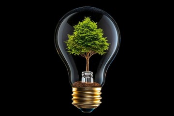 Poster - Conceptual image depicting a light bulb with a small tree growing inside symbolizing sustainable energy renewable resources and the potential for environmental growth and innovation