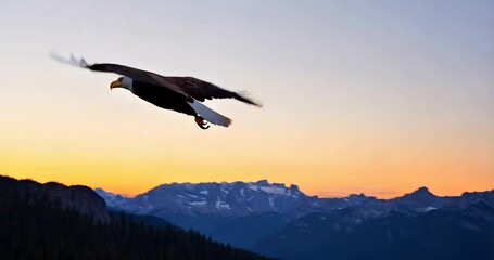 Fototapete - Flying Eagle Silhouette Against Sunset Sky Over Mountain Range. Mountains in Background
