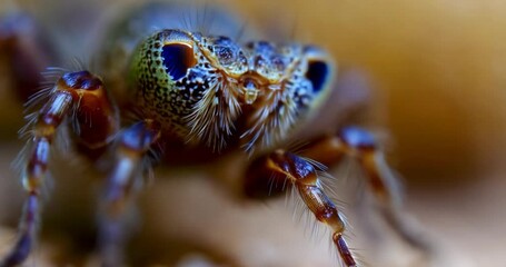Poster - Macro Close Up View of a Blue and Brown Spider with Detailed Eyes and Blurred Background