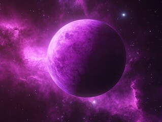 an imaginative purple planet surrounded by nebulous cosmic elements, representing a fantastical scen