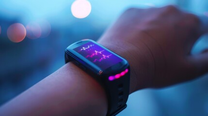 Poster - A wrist mounted device displays an electrocardiogram showing heart activity while a person practices mindfulness as evening settles in.