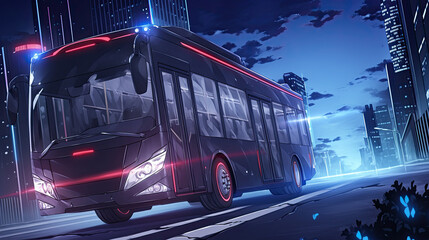 Wall Mural - A bus traveling through a vibrant cyberpunk city street at night with digital graffiti on its exterior illuminated by neon lights