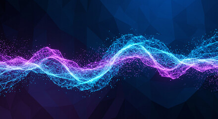 Poster - Blue and purple glowing energy waves on dark background. Abstract light effect with particle flow. Digital magic stream design for technology, science, music backdrop