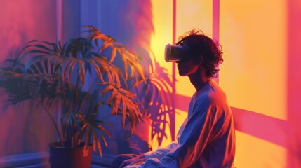 Poster - A person engages with virtual reality technology in a serene room, filled with colorful lighting that promotes mindfulness and enhances mental well being through digital therapy.
