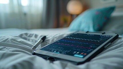 Poster - A tablet displaying digital therapy analytics sits on a bed, indicating the use of mindfulness and mental health applications in a relaxed bedroom environment.