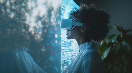 Aufkleber - A person engages with virtual reality technology in a serene environment, experiencing digital therapy designed to improve mental health and mindfulness practices.