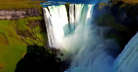 Aufkleber - Waterfall Landscape with Green Grass and Blue Sky in Daylight with Waterfalls in Iceland Iceland