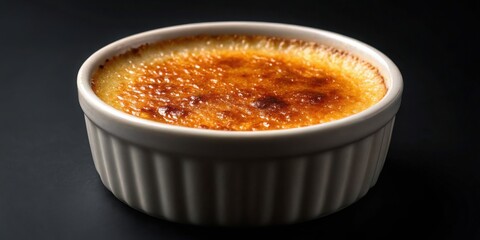 entertainment food pastel concept. Creamy crème brûlée with a caramelized sugar crust in a white ramekin.