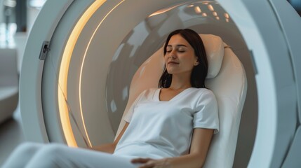 Poster - A woman engages in a digital therapy session aimed at enhancing mindfulness and mental health, utilizing advanced technology in a calming environment designed for telemedicine use.