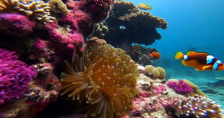 Poster - Colorful underwater scene with coral and fish. Bright colors, close up of anemone, some fish. Bright and vibrant with good lighting