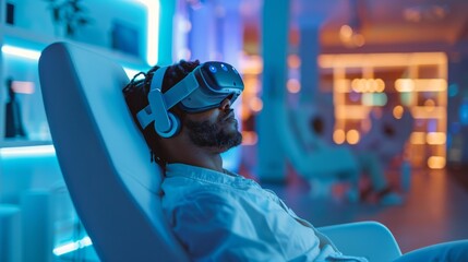 Aufkleber - A person relaxes in a contemporary wellness center while using virtual reality technology for digital therapy. The calming blue and neon atmosphere supports mindfulness and mental health.