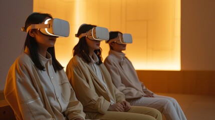 Poster - Three individuals are engaged in a digital therapy session using virtual reality headsets in a tranquil indoor environment, focusing on mindfulness and mental well being.