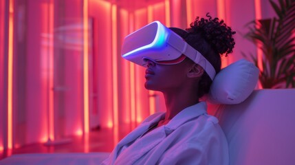 Poster - A person sits comfortably wearing virtual reality goggles in a soothing environment filled with soft lighting. The session focuses on mindfulness and mental well being through technology.