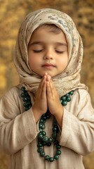Poster - A young Muslim boy in a beige thobe holds prayer beads, eyes closed in prayer, embodying peace and devotion during a quiet moment of reflection