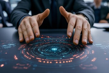 Poster - Engineer, Scientists and Developers Gathered Around Illuminated Conference Table in Technology Research Center, Talking, Finding Solution and Analysing Industrial Engine Design Close-up Hands