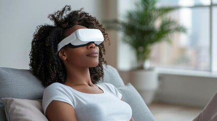 Poster - A woman with curly hair enjoys a virtual reality mindfulness session while seated comfortably indoors, focusing on her mental well being in a tranquil atmosphere.
