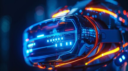 Poster - Innovative virtual reality headset illuminates with blue and orange lights, showcasing advancements in digital therapy and telemedicine, emphasizing mindfulness benefits for mental health.