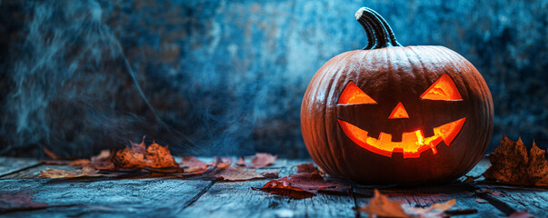 Poster - Halloween pumpkin glowing on a spooky night with smoke and autumn leaves on a rustic wooden surface