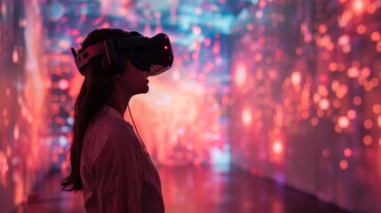 Poster - A person engages with a virtual reality headset while surrounded by a vibrant display of abstract colors, participating in a digital therapy session focused on mindfulness and mental well being.