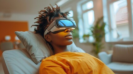 Poster - Individual engaged in a digital therapy session for mental health, wearing virtual reality glasses in a calm environment, promoting mindfulness and relaxation.