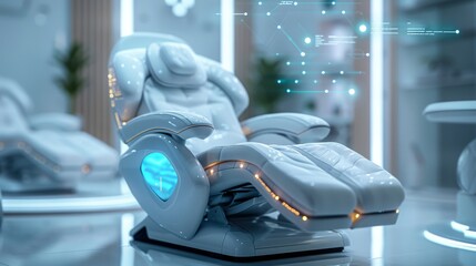 Aufkleber - A sleek digital therapy chair designed for relaxation and mental health support is showcased in a contemporary telemedicine setting. The chair is equipped with advanced technology features.