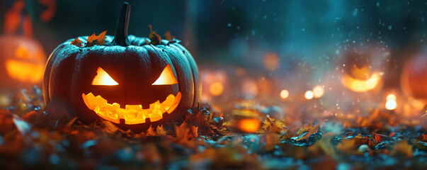 Poster - Carved halloween pumpkin glowing on the forest floor with more pumpkins glowing in the background