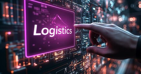 Aufkleber - Hand touching glowing futuristic interface logistics system showing digital circuit board and the word logistics